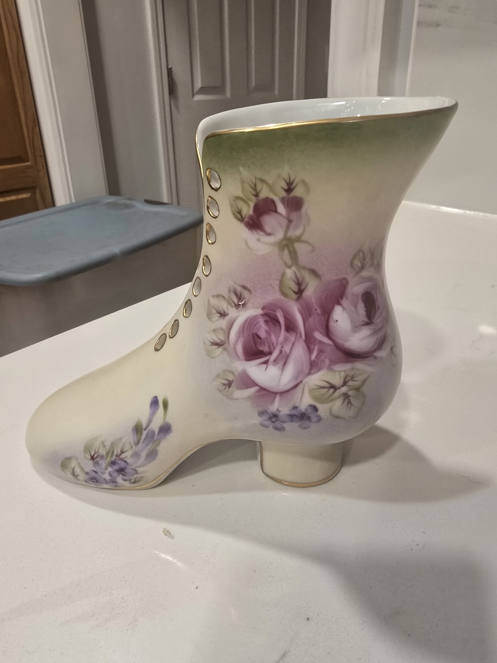 Floral Porcelain Boot Vase in Pink and Green